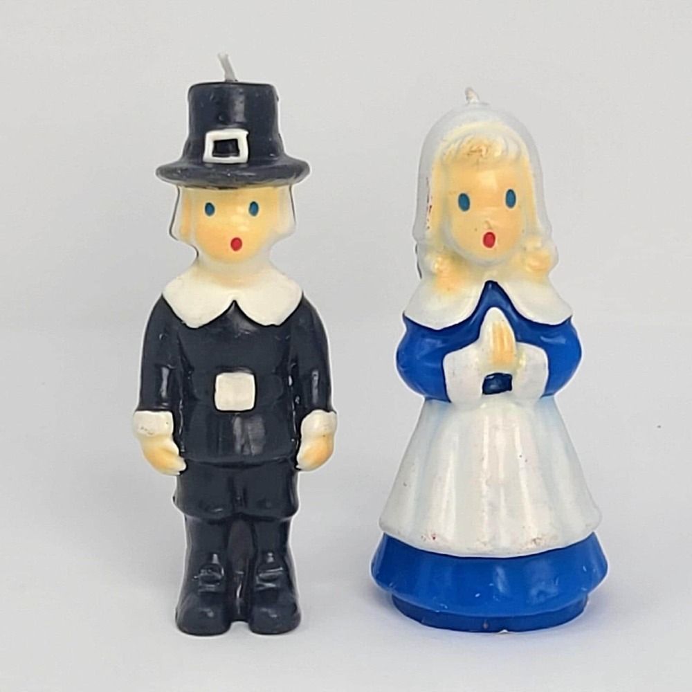 VINTAGE Gurley Pilgrim Candles Pair 5.5" Thanksgiving Figure Candles MCM